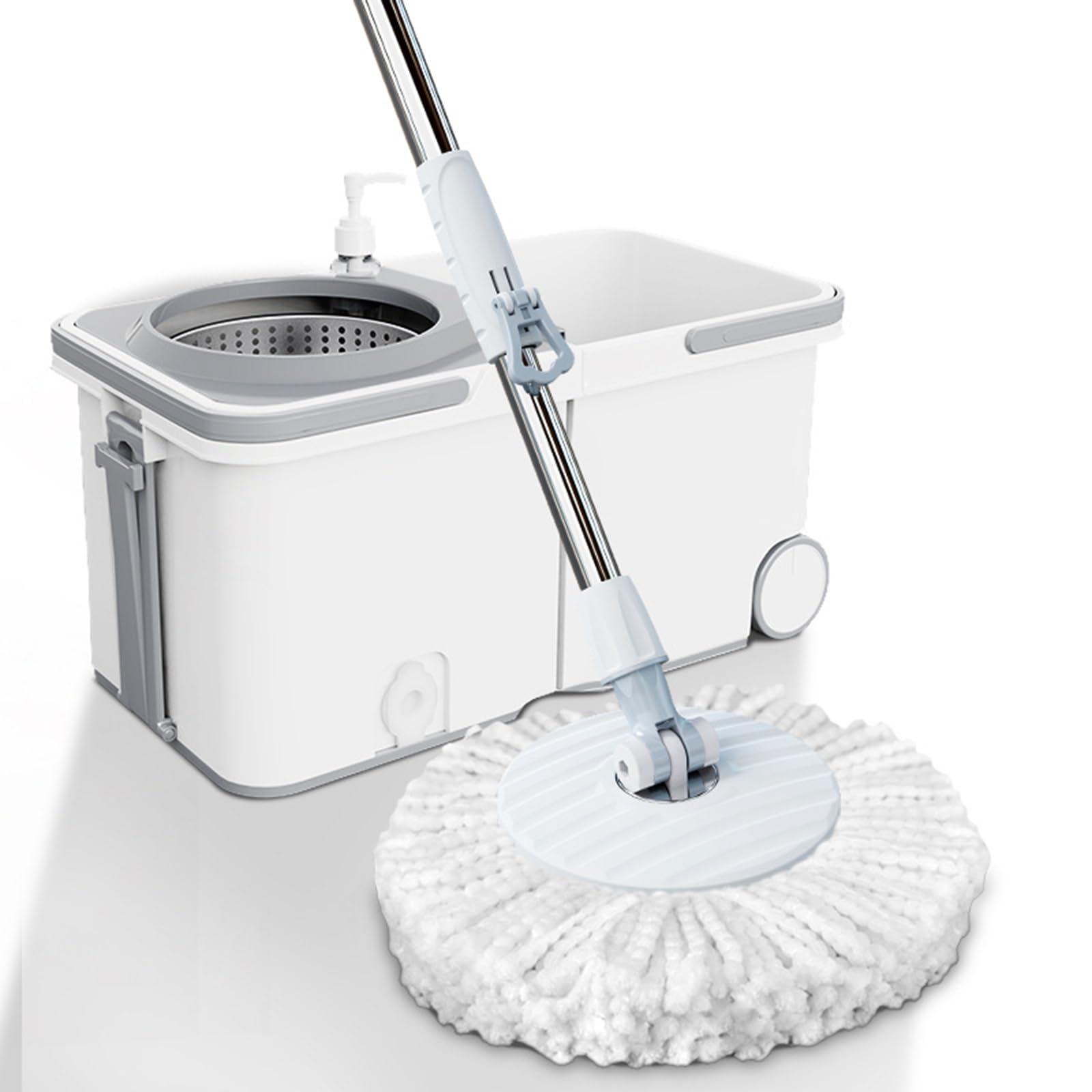 Zestaw mopa obrotowego i wiaderka – samowirujące wyciskanie bez użycia rąk, | Uniwersalny system czyszczenia podłóg Wash & Dry, nowy, ulepszony uchwyt ze stali nierdzewnej,