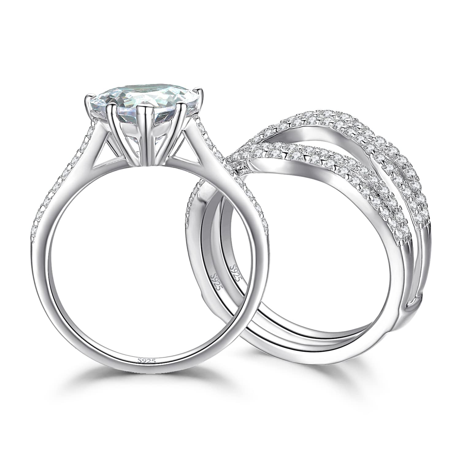 JewelryPalace Set Anillo Compromiso Mujer Plata Oro 14k Oro Rosa, Solitario Anillo Apilable 3ct Circonita Corte Corazón, Anillo Promesa Diamante Simulado, Banda de Boda Eternity Conjunto de Novia