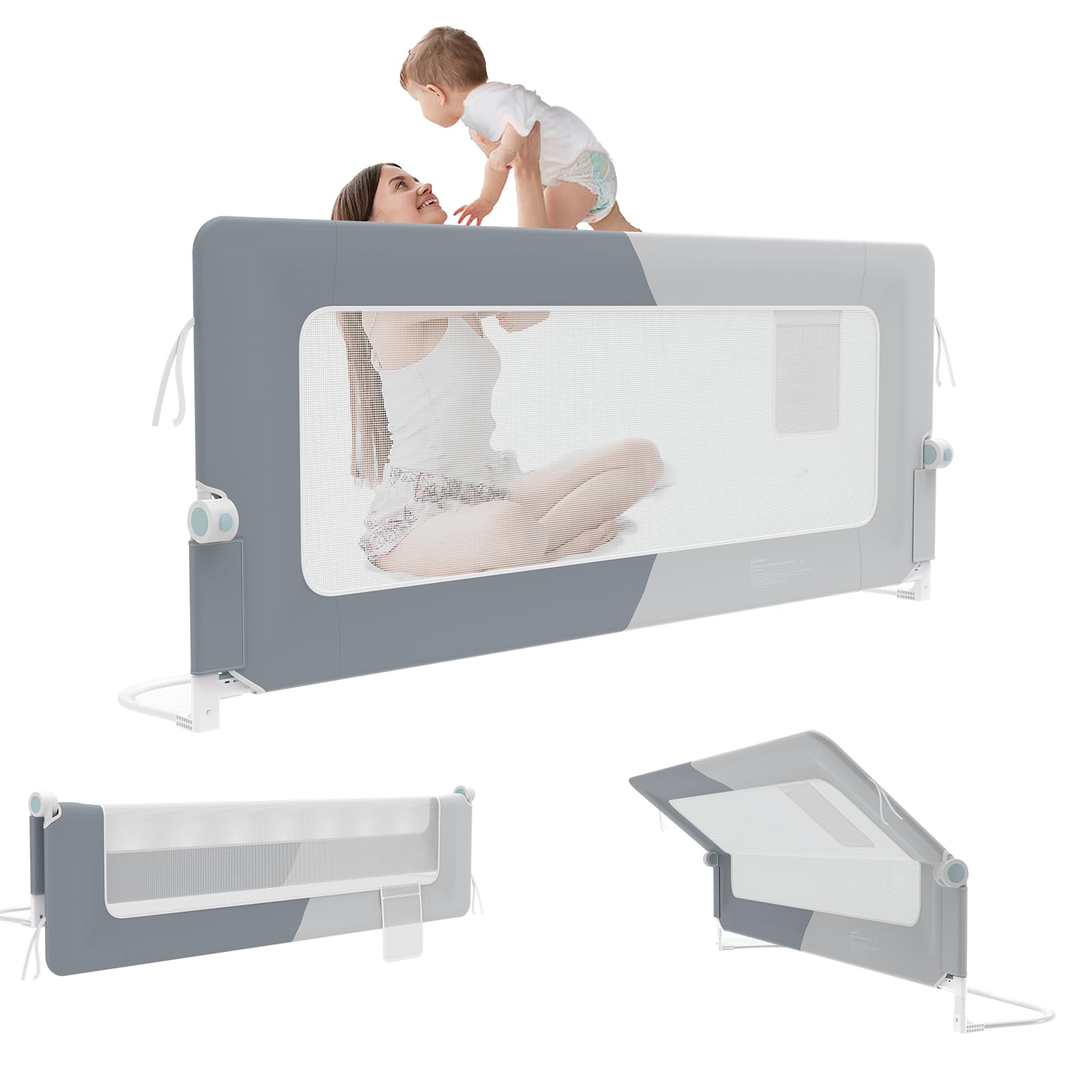 UISEBRT Barrera de cama de 200 cm, plegable, protección contra caídas, altura ajustable para cuna, transpirable, con bolsa de almacenamiento, gris oscuro