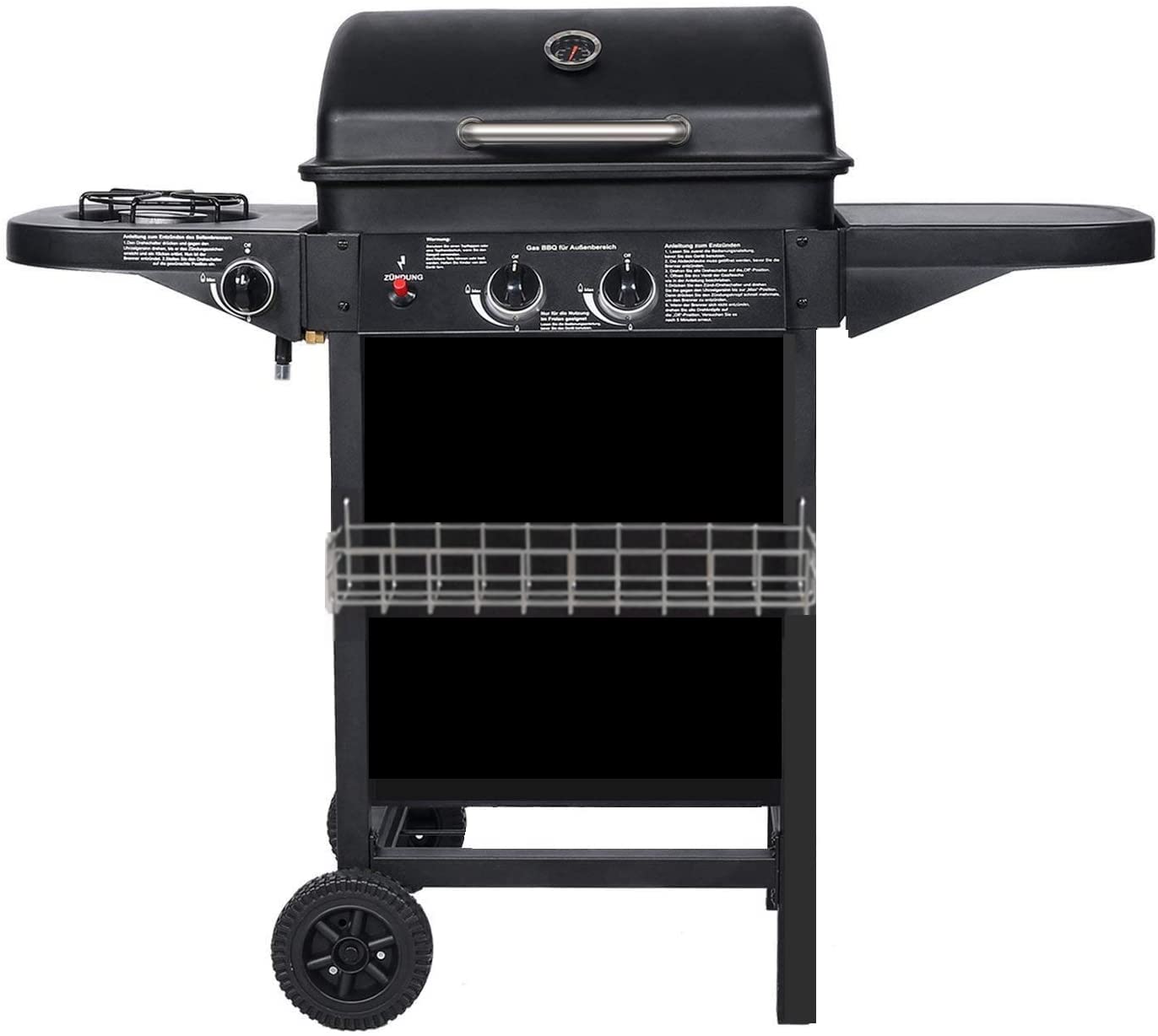 Gas Barbecue with 2 Compact Gas Burners, Side Burners, Grill Grid, Side Tables and Steel Car, 8.7 kW Electricity