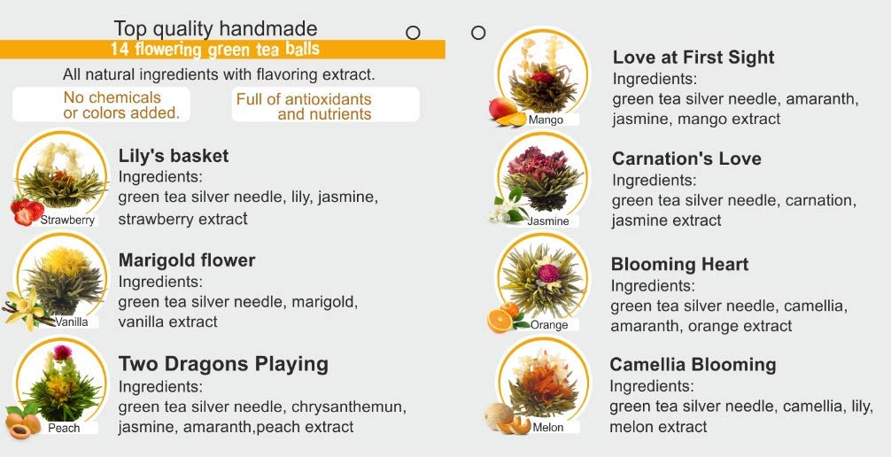 Assorted Blooming Tea Flower Balls with Flavors Vanilla, Strawberry, Melon, Orange, Mango, Jasmine and Peach (7 balls) - Image 4