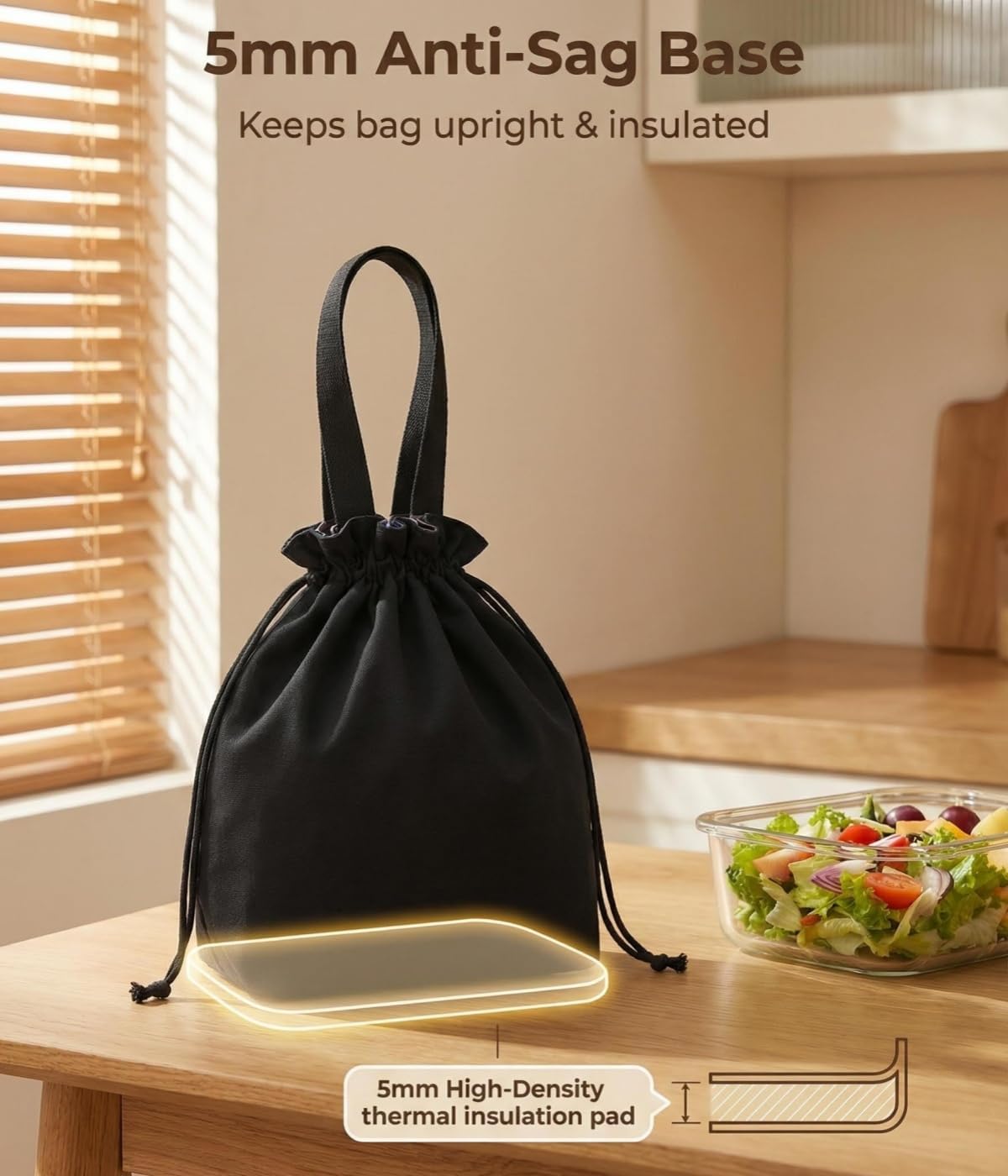Minimalist Solid Color Drawstring Lunch Bag, Insulated Spill-Resistant Lunch Pouch with 5mm Anti-Sag Base for Adult Work Commute Office (Black Solid Color)