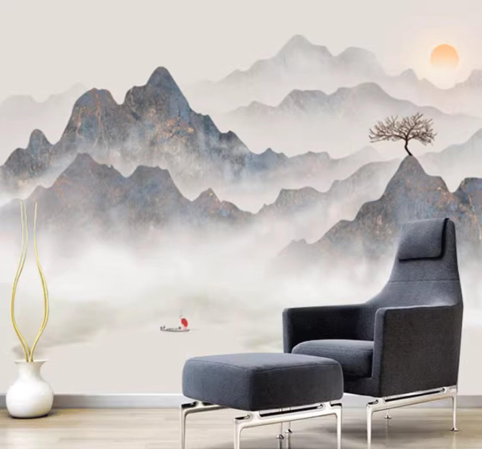 Abstract Ink Wash Landscape Sunrise Scenery 3D Wallpaper Easy Install Feature Office Living Room Sofa Bedroom TV Background Wall Decoration-250cm×170cm