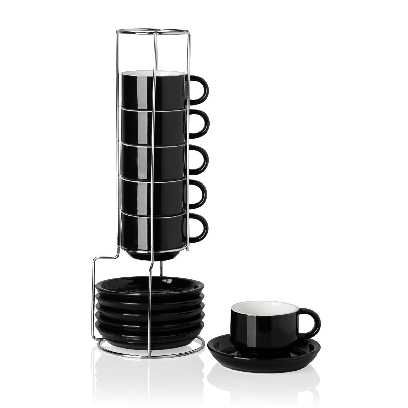 Sweejar Espressotassen aus Keramik, 6er-Set, Espressotasse stapelbar, 118 ml, stapelbare Cappuccinotassen mit Untertassen und Metallständer für Kaffeegetränke, Americano, Latte, Tee (Schwarz)