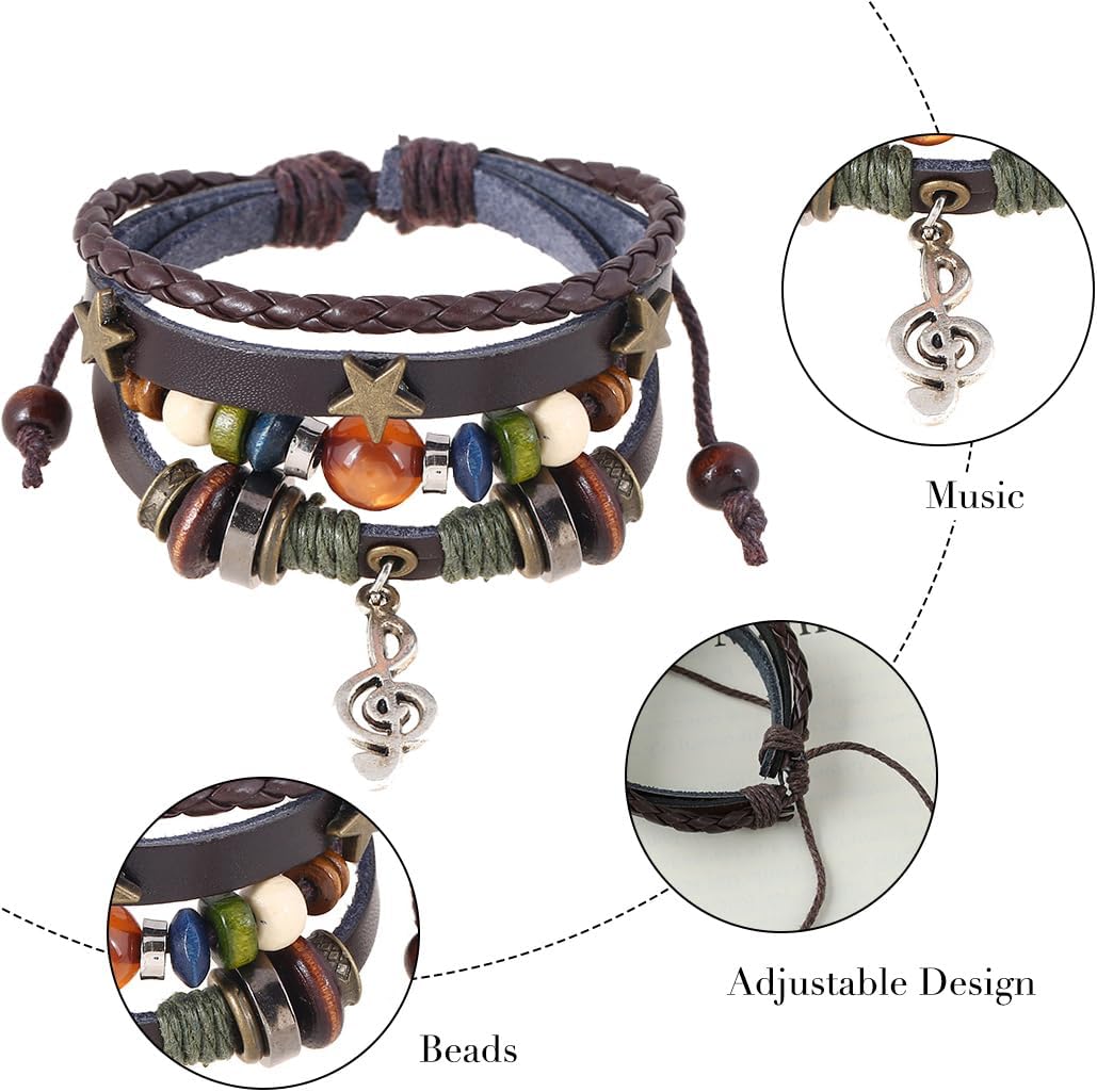 Leather Music Bracelets Braided Beaded Bracelet Black Stackable Bracelets for Women and Men