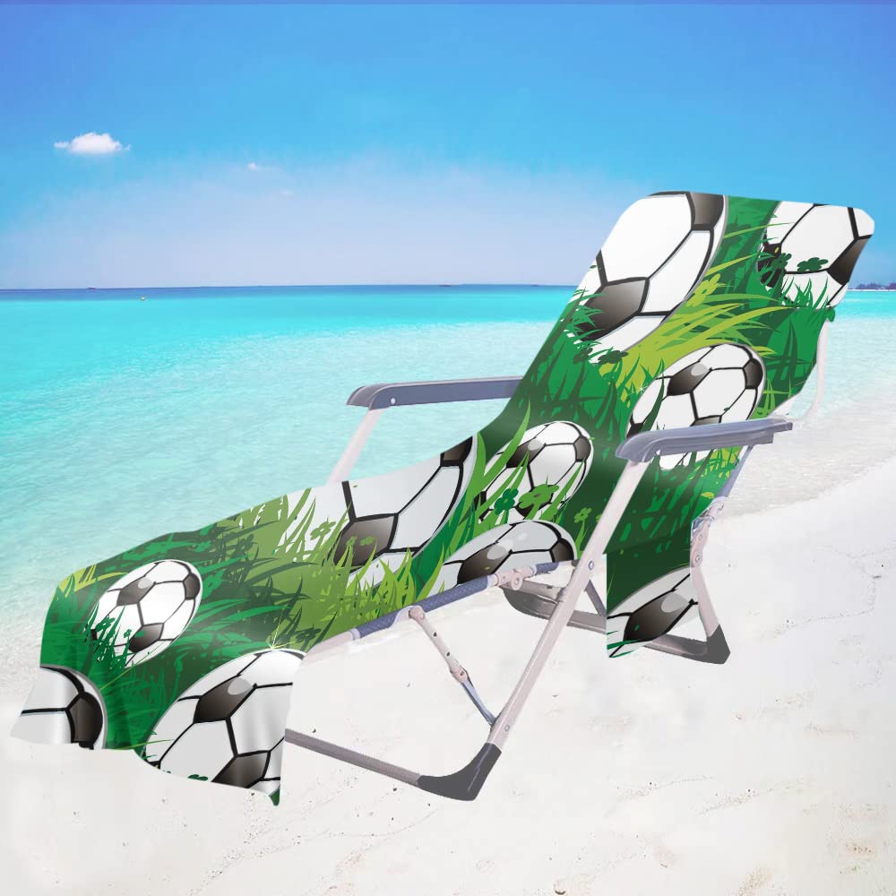 Surwin Green Grass 3D Sun Lounger Beach Towel With Pockets, Football Print Beach Chair Cover Chaise Lounge Towel Cover Mate Sunbed Towels For Summer Holiday Garden Outdoor Pool (,75X210cm)