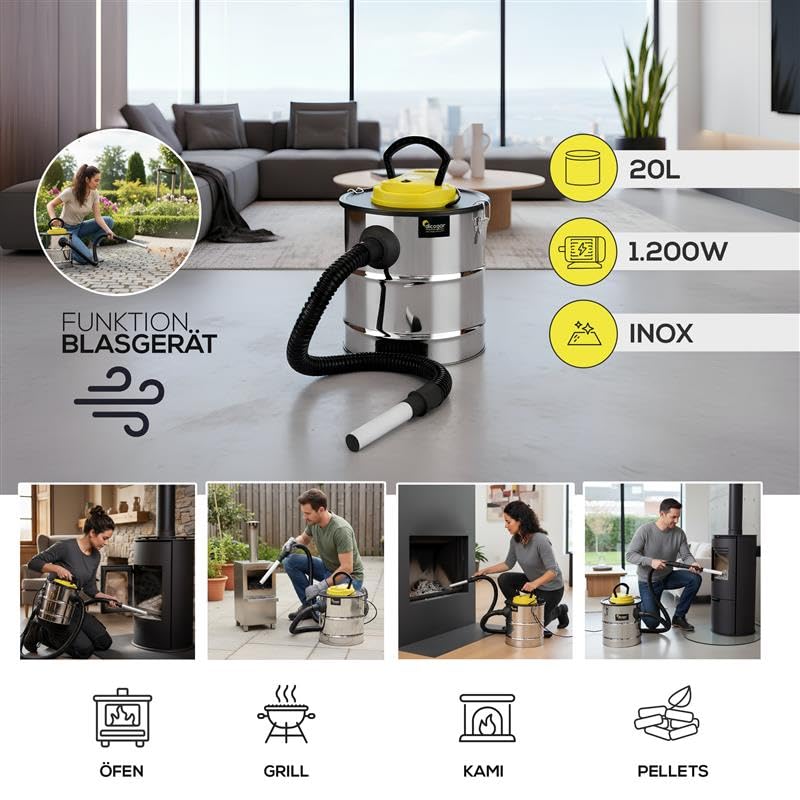 Usisivač pepela za kamine, pelete i roštilje - Snaga 1200 W - Kapacitet 20 L - Izrađen od nehrđajućeg čelika - Uključuje crijevo od 1 m i poklopac filtera - Funkcija ventilatora - Dicogar