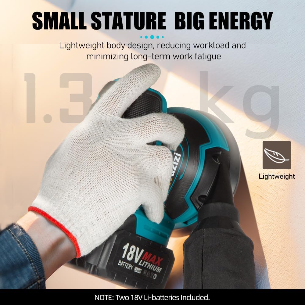 Orbital Sander Cordless, 5" Random Orbital Sander Compatible with Makita Battery, 12000 OPM Electric Palm Sander Tool with Dust Box & 10PCS Sanding Pads for Woodworking (18V Li-Battery Included)