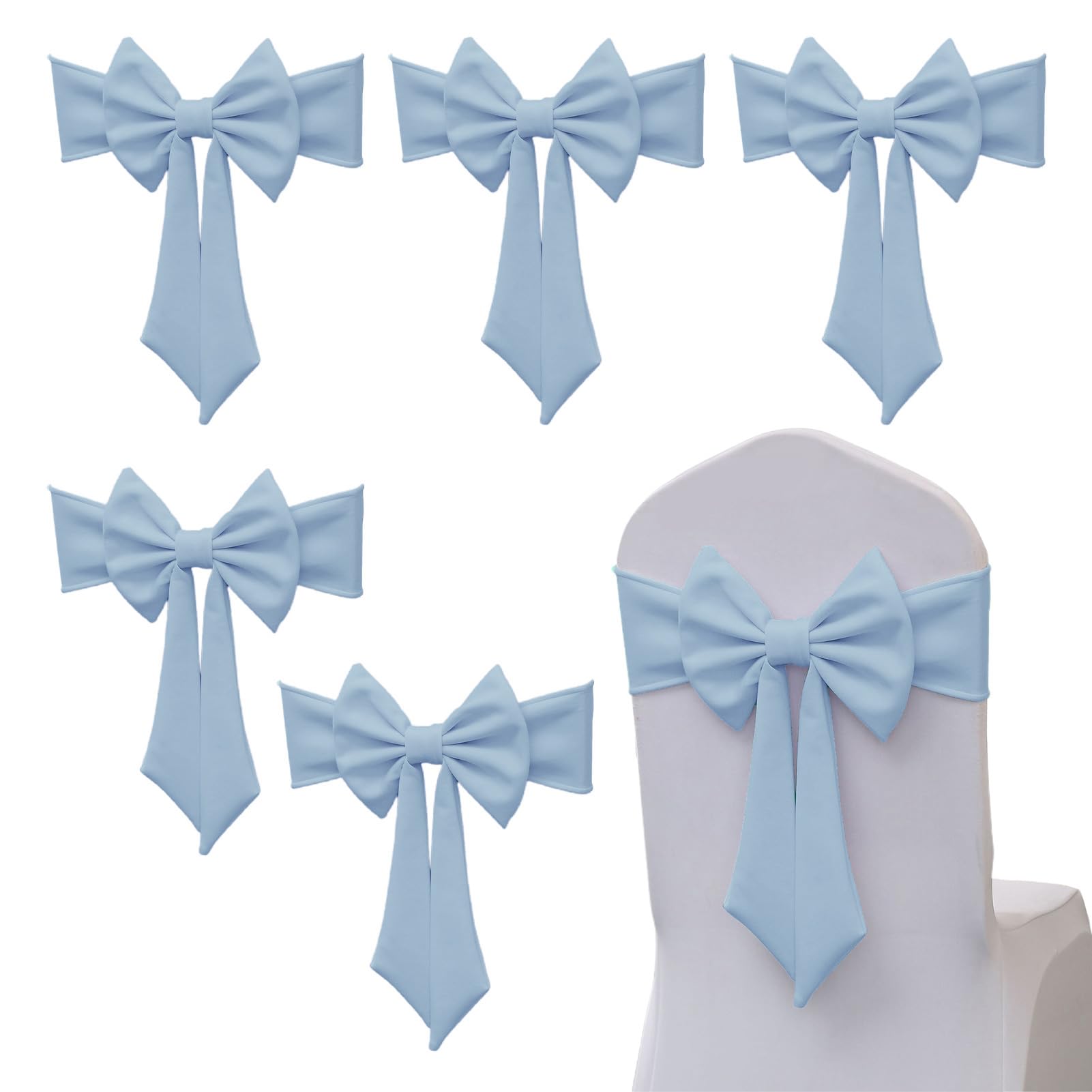 Tissting 6 Pcs Chair Sashes Bows, Light Blue Decorative Chair Bow Reusable Spandex Dining Chair Cover Back Tie Ribbon for Weddings Outdoor Events Hotel Party Xmas Christmas