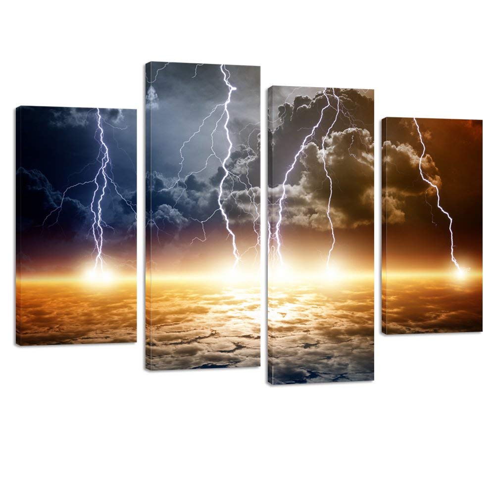 KREATIVE ARTS Natural Landscape Paintings Wall Art Lightning Strikes in the Clouds 4 Panel Picture Print on Canvas Giclee Artwork for Home Office Decoration