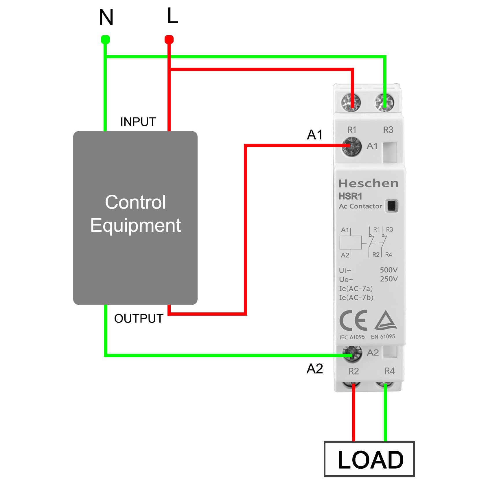 Produktbild von Heschen HSR1-16 AC Schütz 2-polig 16A – 2NC, DC 12V Spule, DIN-Schiene