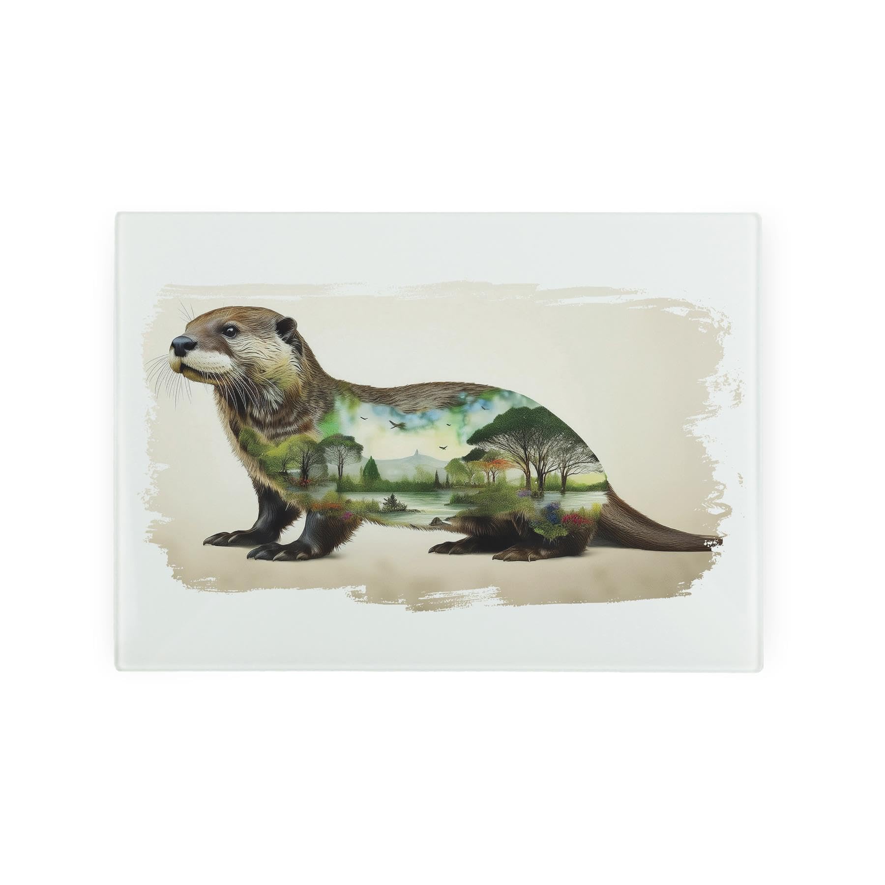 Surreal Otter Small Glass Worktop Saver - British Landscapes & Countryside Animals Gifts - Smooth Kitchen Chopping/Cutting Board Worktop Protector with Non-Slip Feet 28.5cm x 20cm (11" x 8")