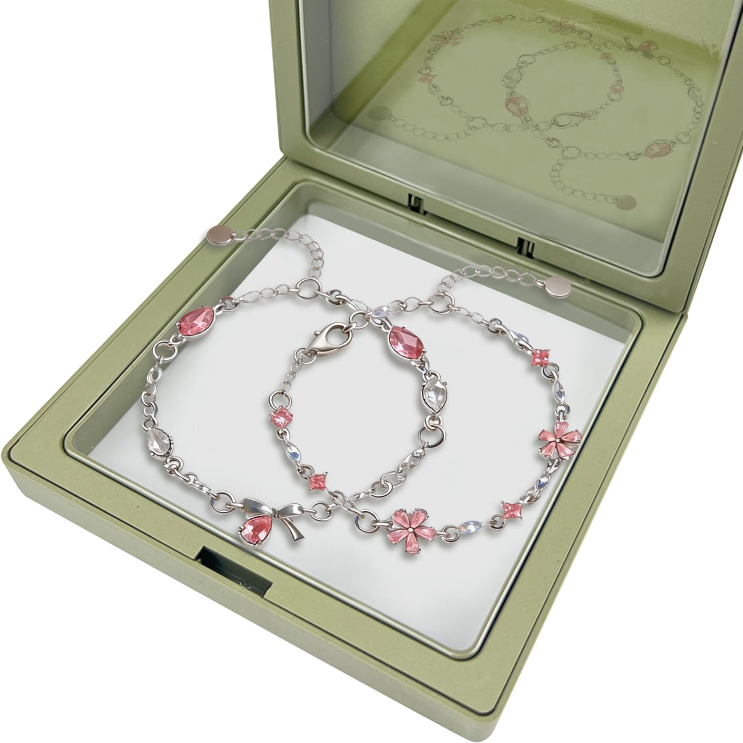 2-teiliges Armband Damen Set, Pinkes Sakura-Armband & Armband mit Schleife | Blumen Glücksarmband, trauzeugin armband, partner armbänder, bff geschenke, mutter tochter armband, mama tochter armband