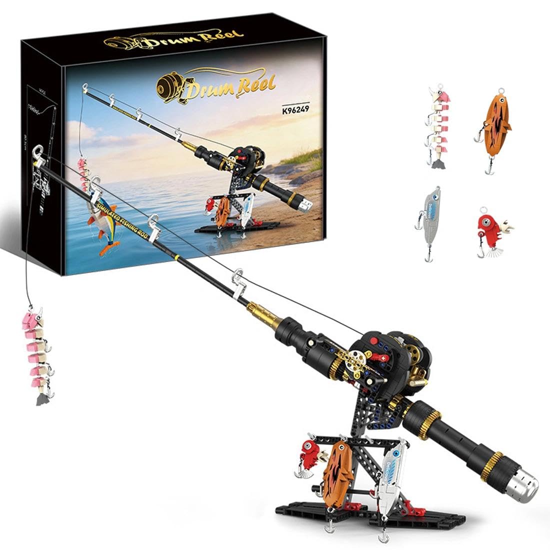 Fishing Rod and Reel Combo Set Building Kit With Fish Bait, 589 Piece Technology Fishing Pole Model Building Block Set Construction Toys Collectible Home Décor Gift Idea