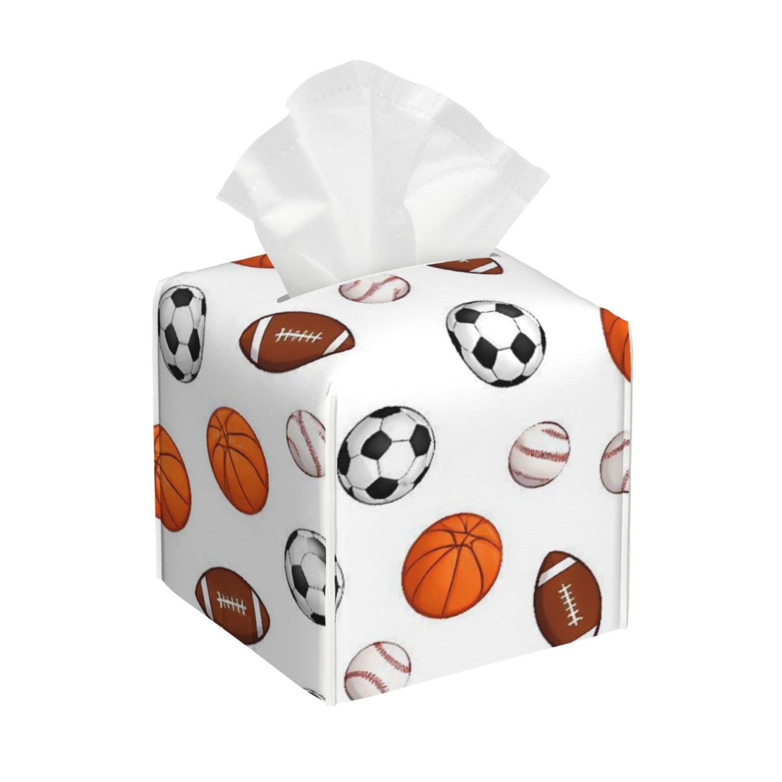 Basketball Soccer Football Baseball Ball Leather Tissue Box Cover Holder Square Facial Paper Organizer 5.2" X 5.2" X 5.2"