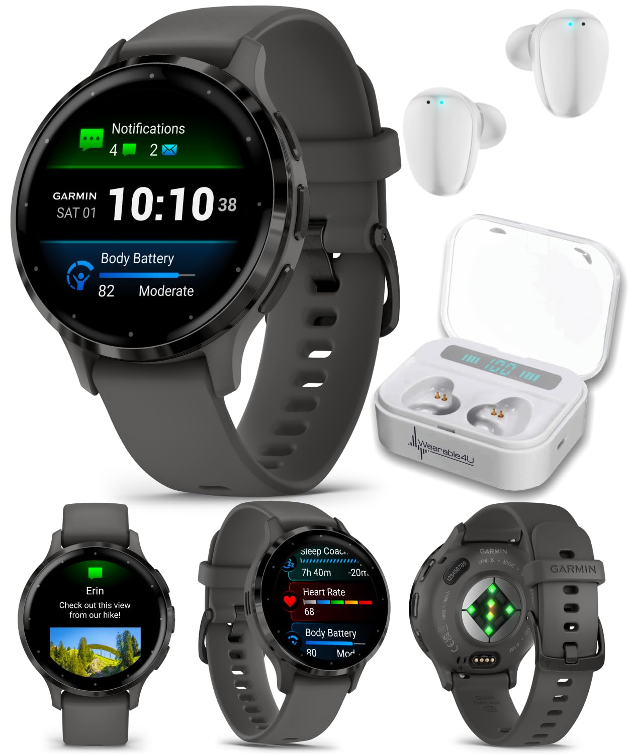 garmin venu 3s gps smartwatch pebble gray with white earbuds