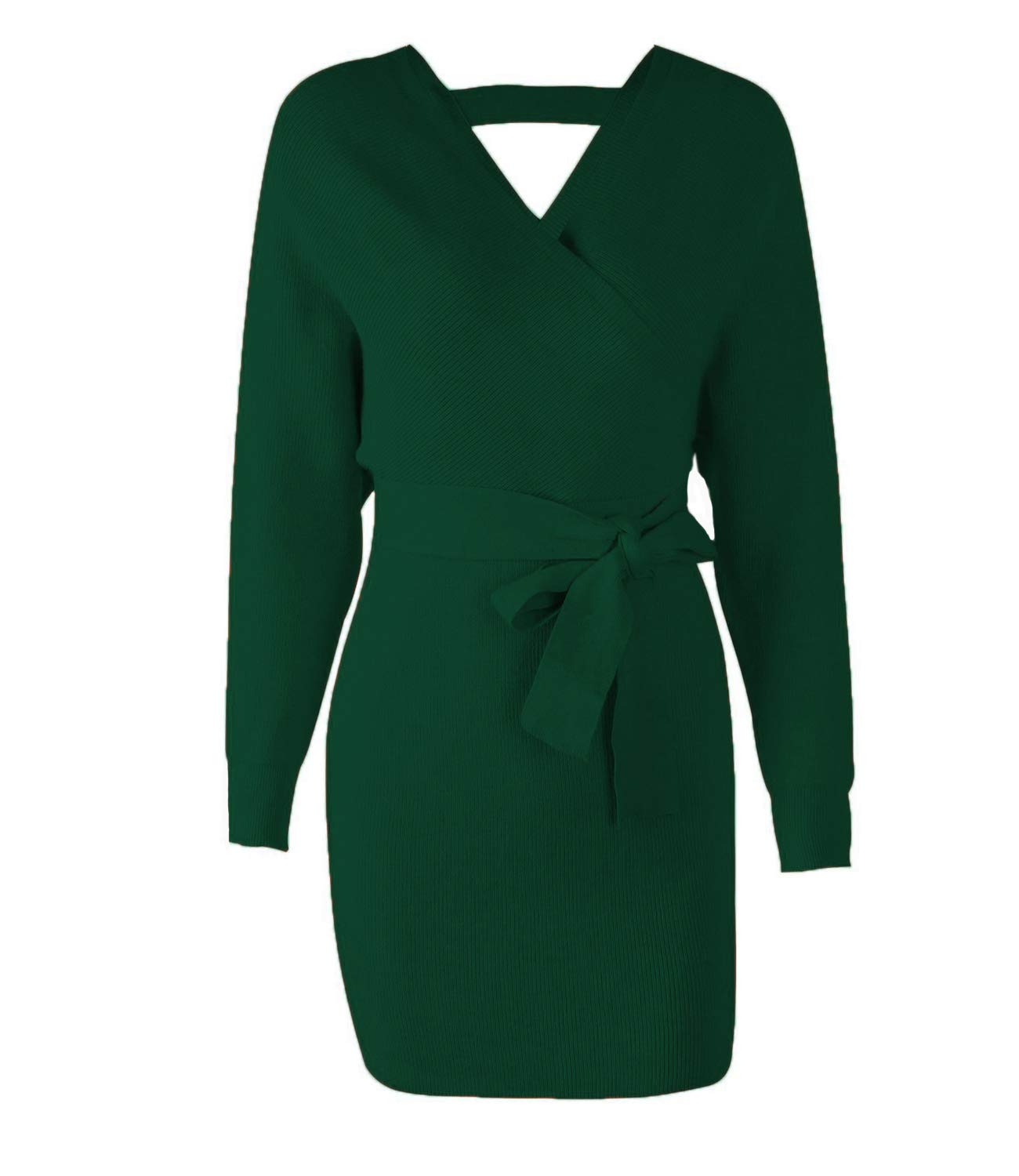 Mansy Women's Sexy Cocktail Batwing Long Sleeve Backless Mock Wrap Knit Sweater Mini Dress
