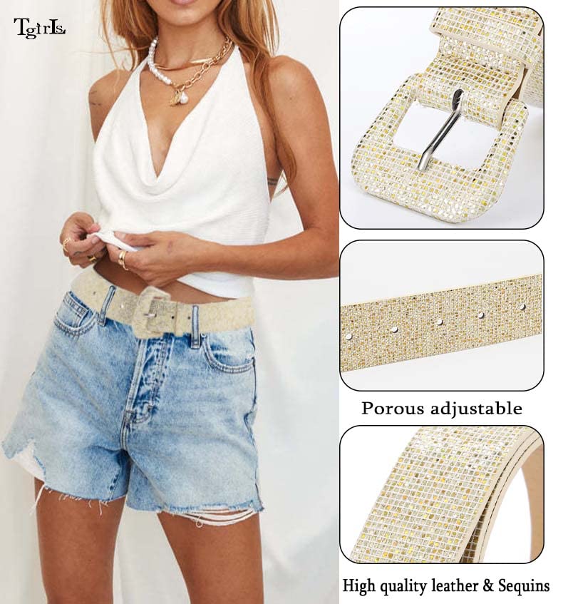 Tgirls Glitter Sequin Belts Women Dress Waist Belt Leather Belts Sparkly Vintage Belt for Jeans Pants4