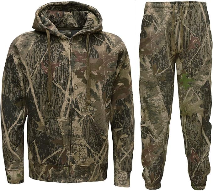 Mens Jungle Camouflage Fishing Hunting Zip Hoodie Jacket Tracksuit, Casual Warm Elasticated Cuff Sweatsuit Top With Drawstring Joggers Sets, UK Plus Size S To 4XL
