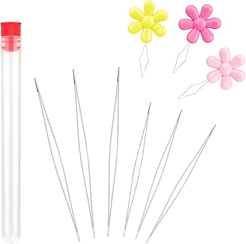 6 agujas de cuentas de ojos grandes, 2 tamaños, agujas de bordar largas y rectas con botella de aguja, enhebrador para hacer joyas (1.77 pulgadas +