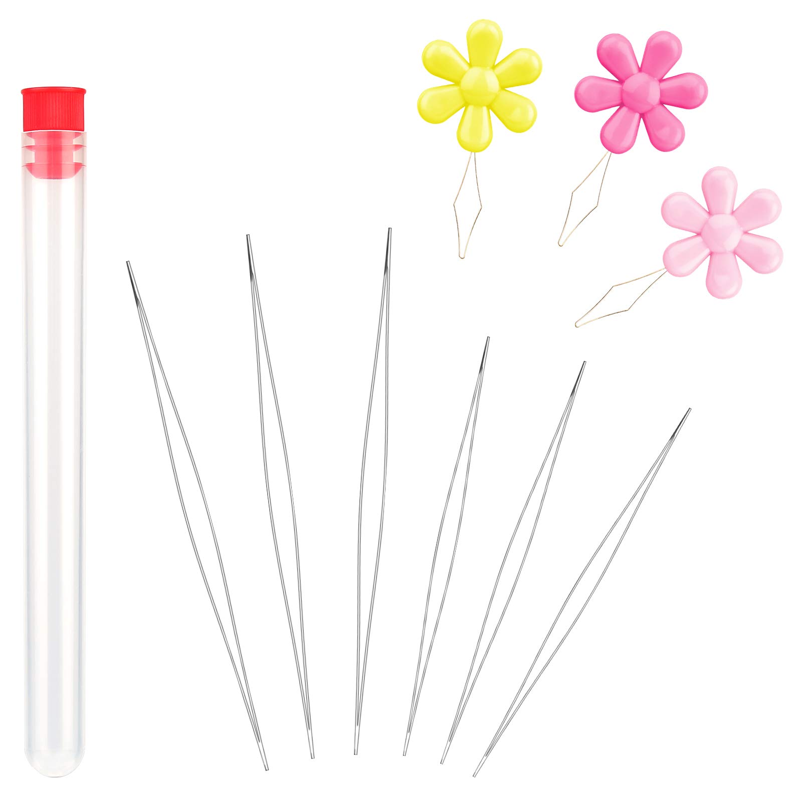 6 Pieces Big Eye Beading Needles, 2 Sizes Collapsible Eye Needles for Beading with Needle Bottle, Threader for Jewelry Making (1.77inch+2.28inch)