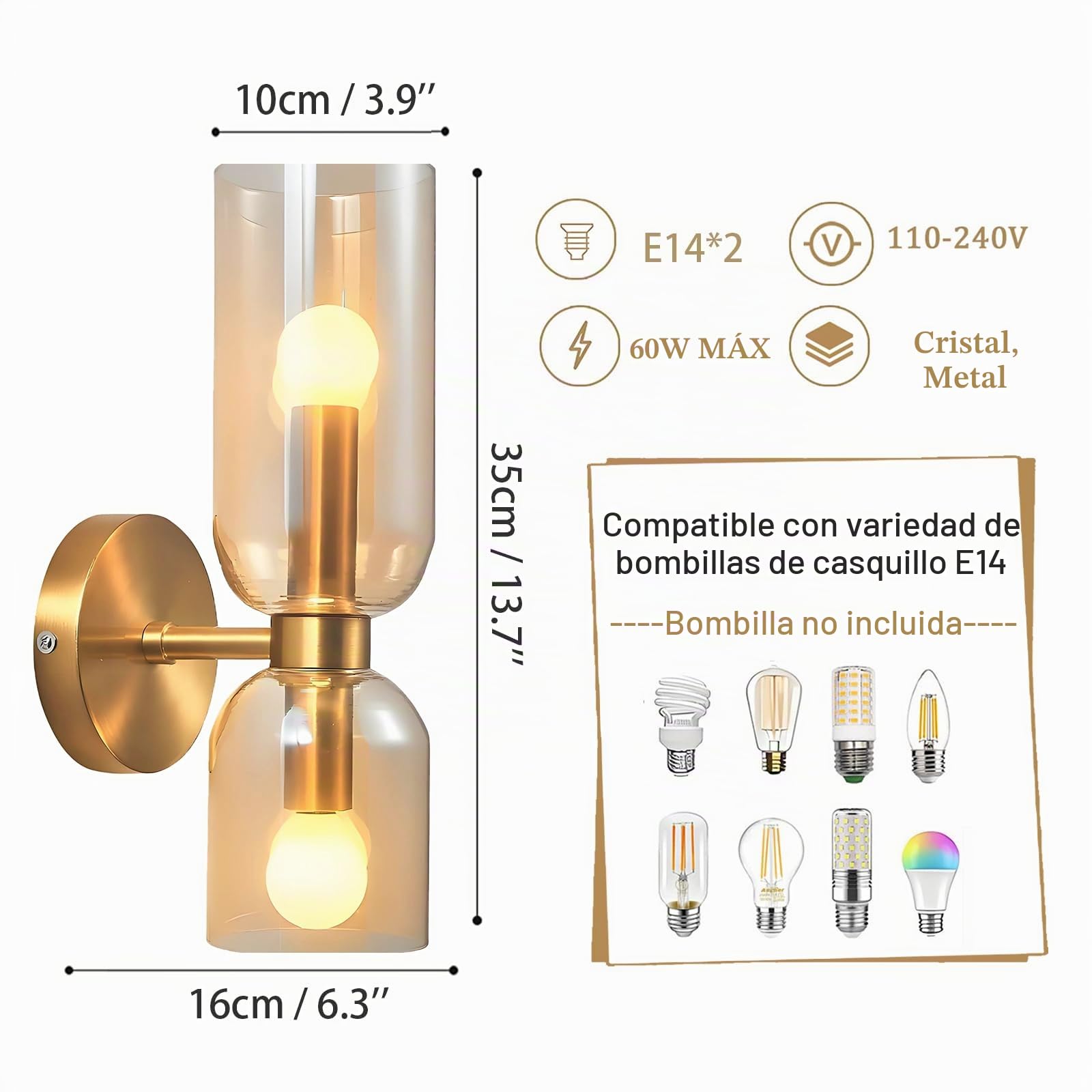 EKSED Aplique de Pared Moderno con Pantalla de Vidrio Soplado Asimétrico – Lámpara de Pared con Luz Arriba y Abajo y Casquillo E14 para Dormitorio Pasillo Baño (dorado)