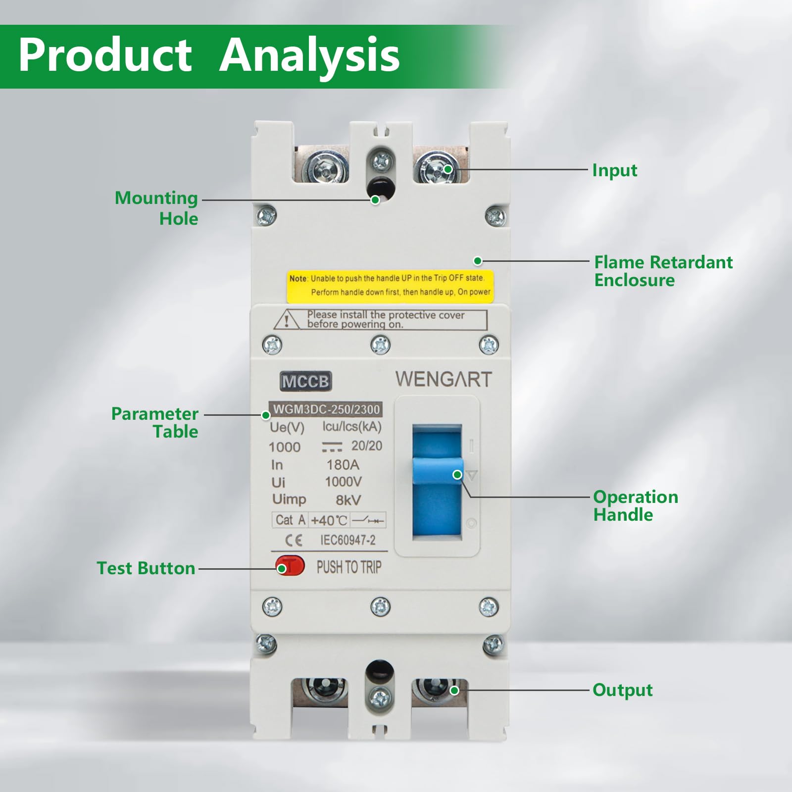 Wengart Disyuntor de Caja Moldeada (MCCB) CC 180A 1000V, 2 Polos, Interruptor Magnetotérmico de Alta Potencia para Almacenamiento de Baterías, Centros de Datos y Equipos de Comunicación