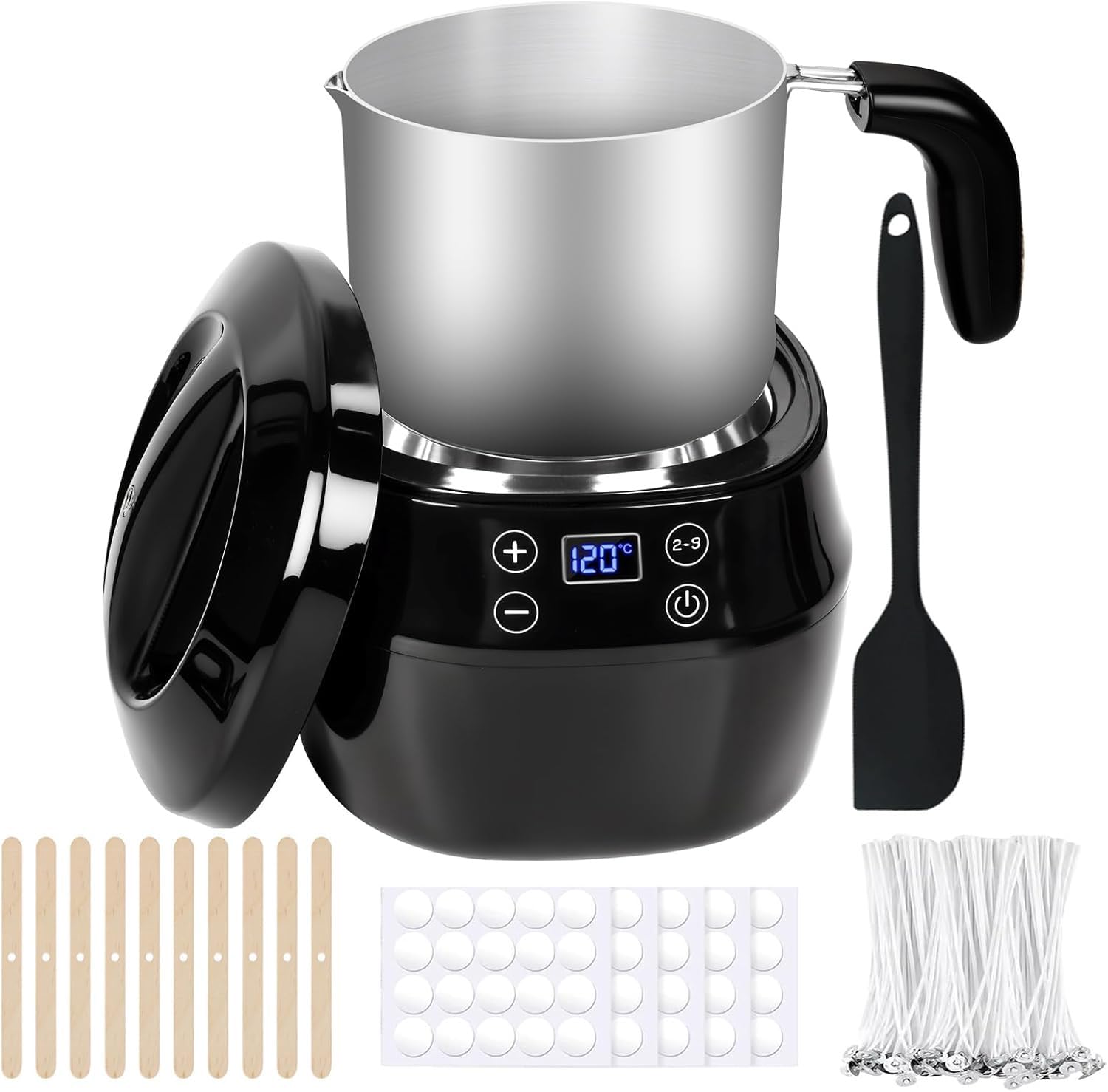Orifesio Fundidor de Cera para Velas Eléctrico 1L, Derretidor de Cera para Velas con Control de Temperatura LED - Incluye Mechas de Vela, Pegatinas para Mechas de Vela, Soporte para Mecha y Cuchara