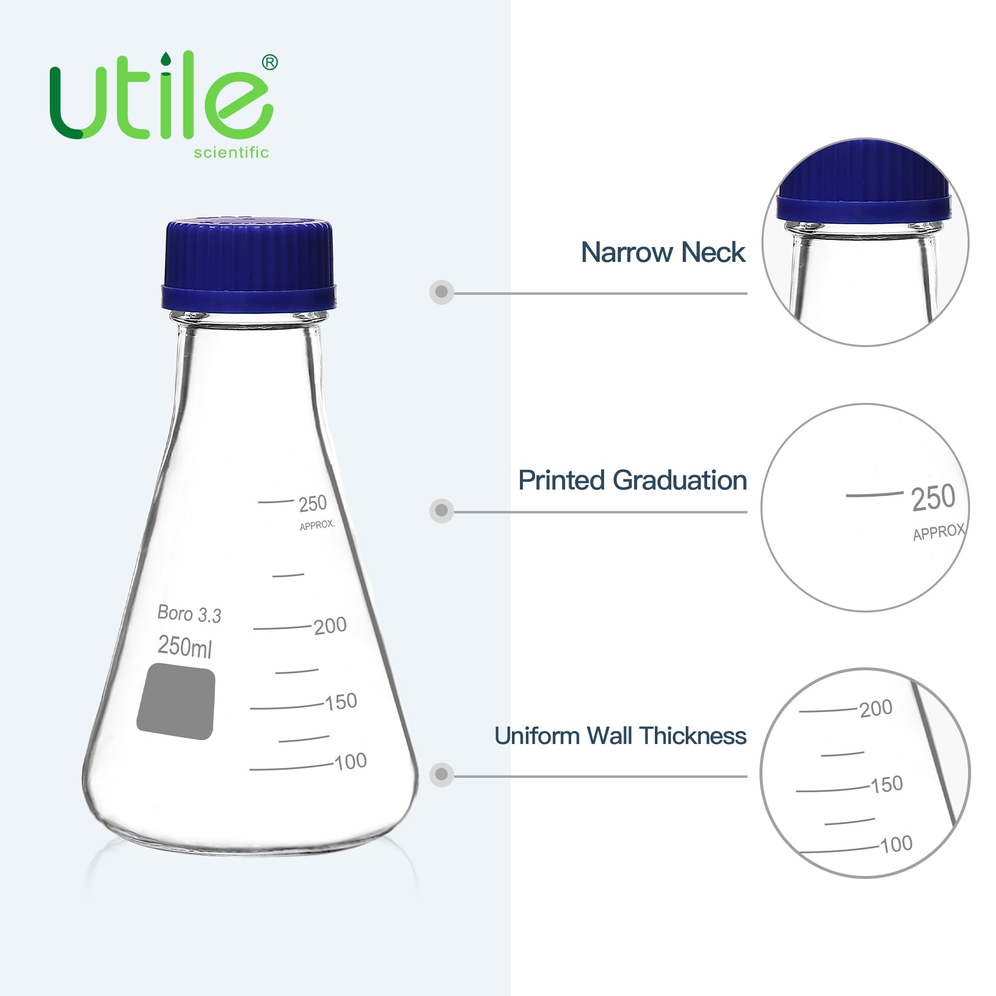 Utile Lot de 4 fioles Erlenmeyer en verre borosilicate 3.3 avec bouchon bleu, 250 ml, pour expériences en laboratoire, sciences de la chimie, 4016.0752.4