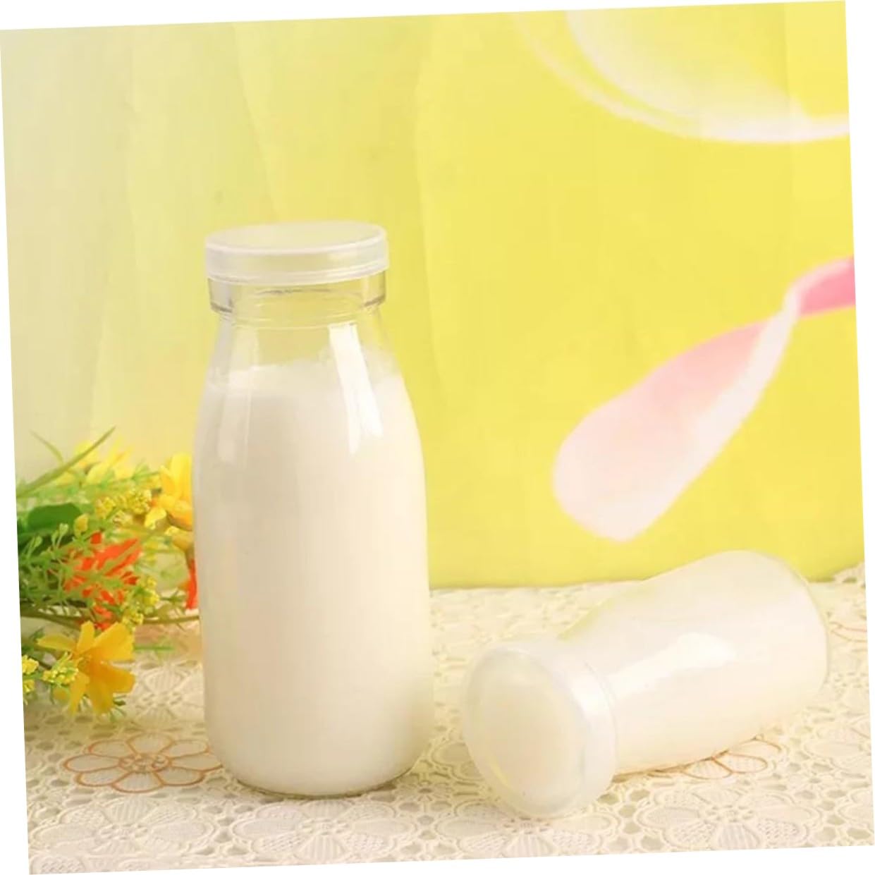 DECHOUS 4pezzi Bottiglie Di Vetro Trasparenti Per Latte Yogurt e Succhi Con Coperchio Realizzate in Vetro Resistente Di Riutilizzabili e Facili Da Pulire