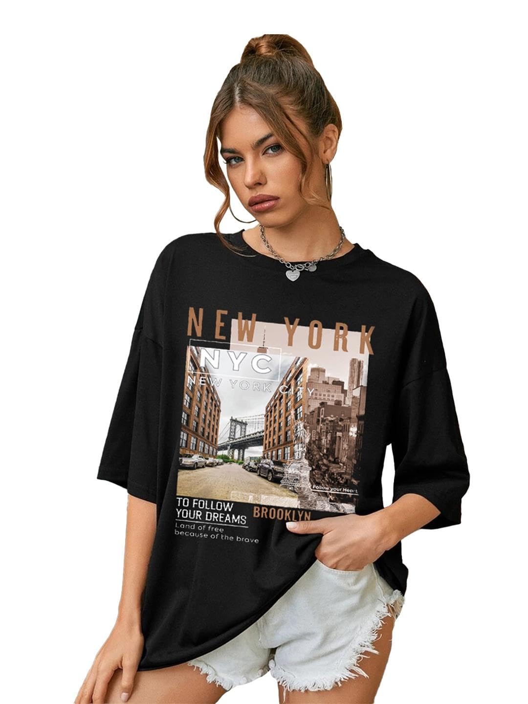 CHKOKKOWomen Cotton Oversized Round Neck Printed Tshirt