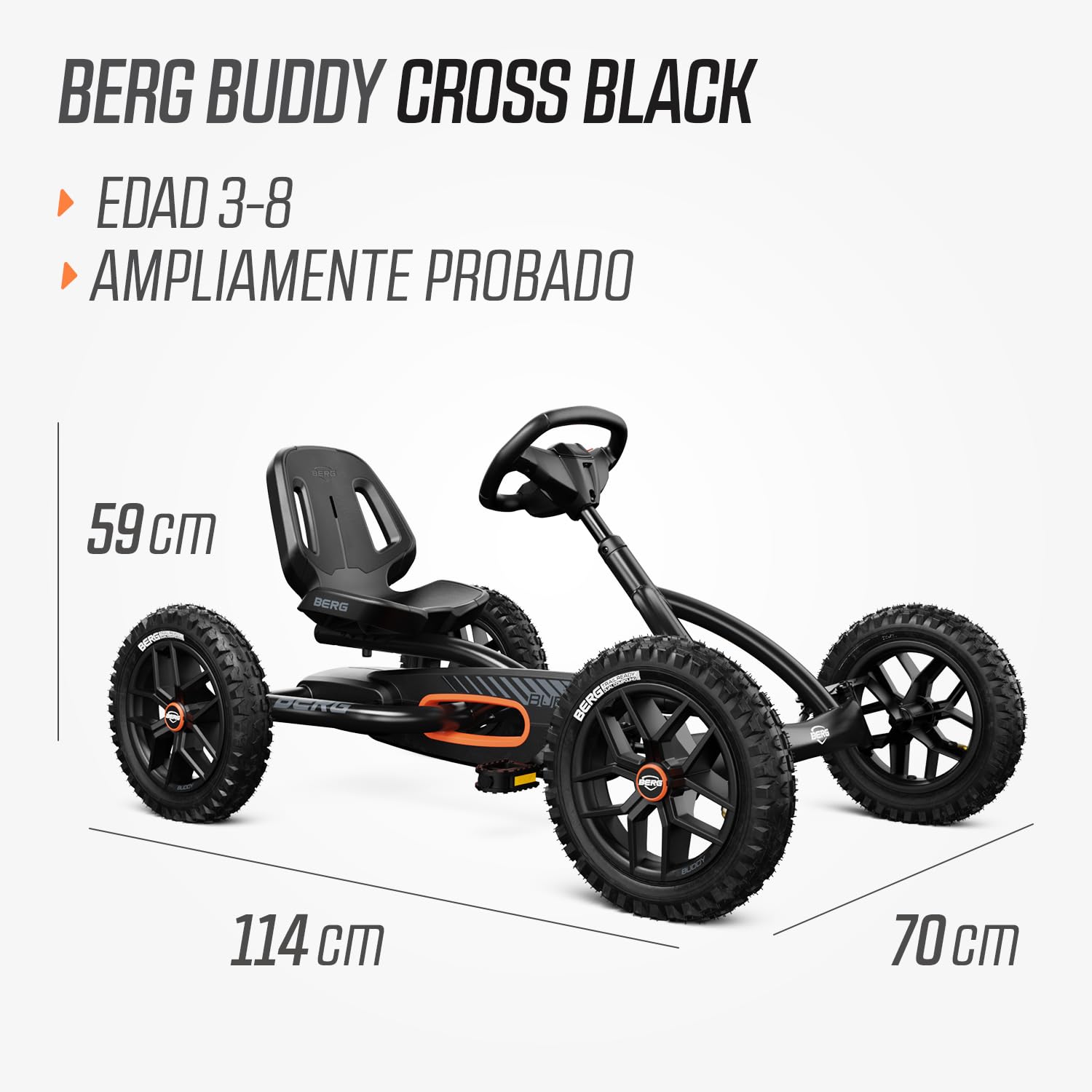 BERG Kart a Pedales Buddy Cross | Negro, 3-8 años, cuadro resistente, asiento regulable, volante regulable