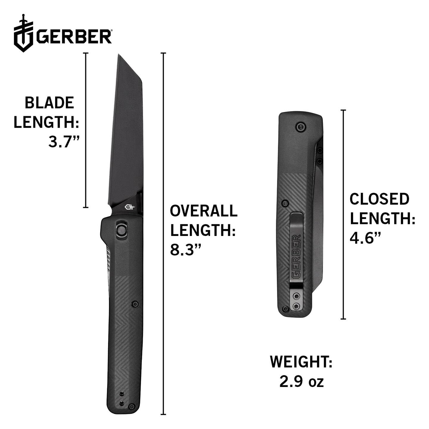 Gerber Scyzoryk z klipsem do paska, Pledge, ostrze ze stali nierdzewnej 7Cr17MoV o wyglądzie odwróconego tanto, nylonowa rękojeść wzmocniona włóknem szklanym, długość ostrza: 9,2 cm, 1067370
