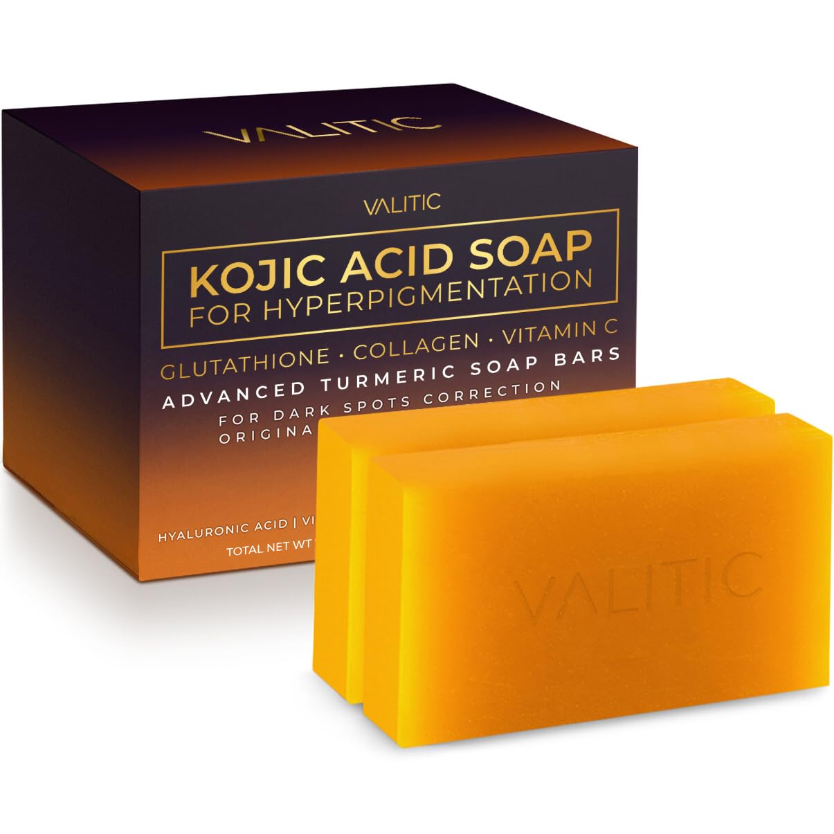 VALITIC Kojic Acid Soap for Hyperpigmentation – with Glutathione, Collagen & Vitamin C – Natural Soap Bars with Turmeric – Original Japanese Complex for Dark Spot Correction – 2 Pack