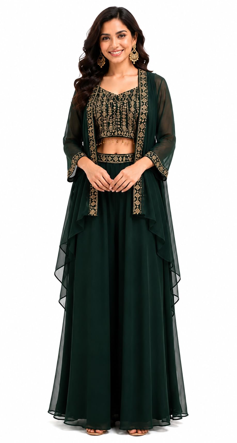 Devansh Collection Women Dark Green Free Size Wedding Chanderi Cotton Embroidered Corset Co-ord Set with Round Neck-picture-52