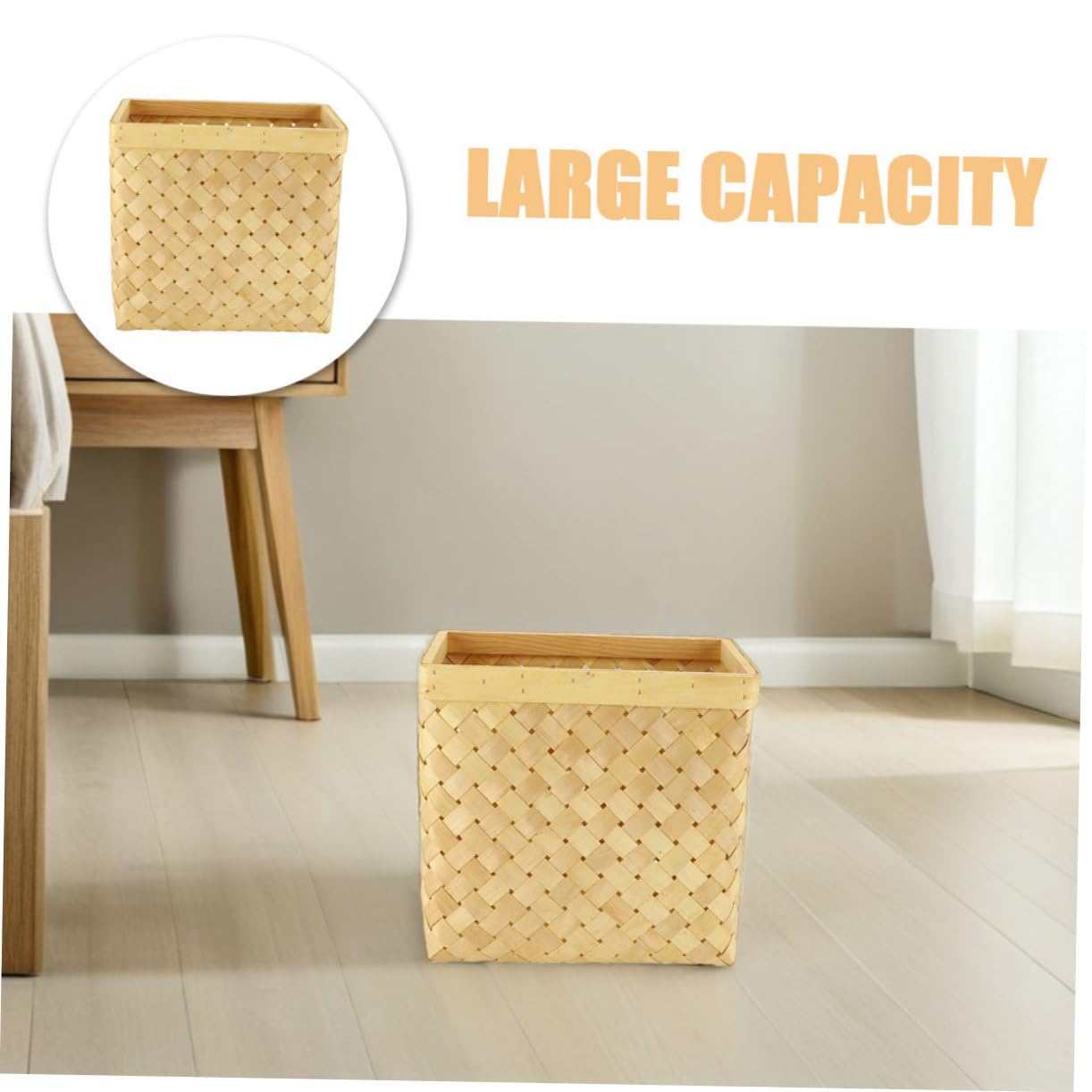 Luxshiny Rustic Japanese Woodchip Woven Trash Bin Vintage Wastebasket for Stylish Bedroom Bathroom Office Organizer Space Saving Storage Basket Beige with Distinctive Design image 3