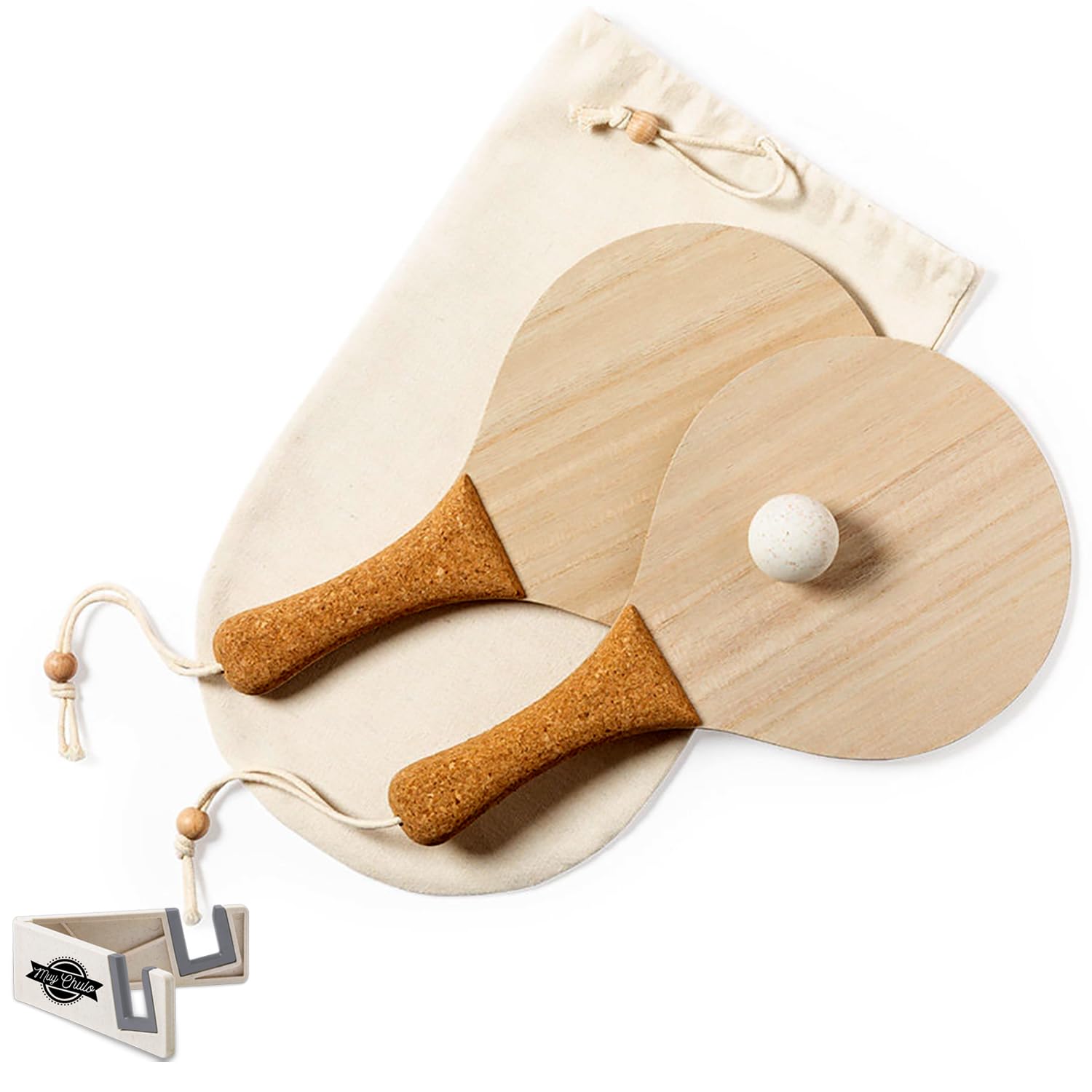 Set di pale da spiaggia in legno con manico in sughero | Include palla di canna di grano e custodia in cotone | divertimento per tutta la famiglia | Extra mobile