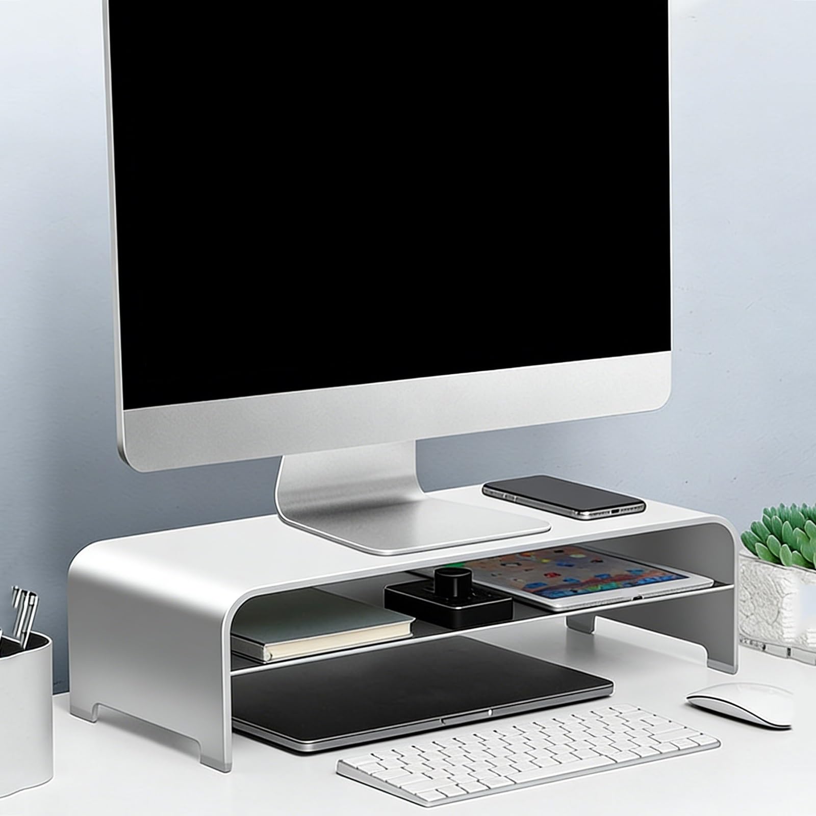 Aluminiowy stojak na monitor z gniazdem na kabel, organizer na półkę biurkową do laptopa i drukarki w miejscu pracy w biurze domowym