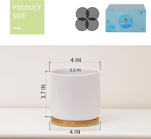 Miniatura 2 de BABALIU 4 Inch Ceramic Plant Pots with Drainage Holes and Trays, Adorable Small Cylinder Flower Planter Pot with Saucers for Indoor Plants, Blanco