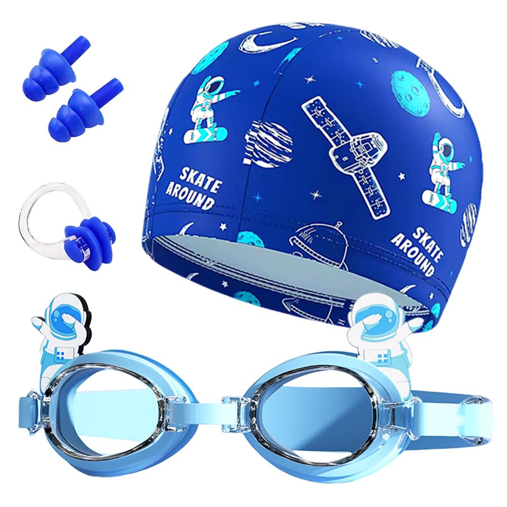 Kids Swim Goggles Swim Cap Set, Astronaut Stretchable Polyester Swim Hat for Children, with Nose Clip, Adjustable Anti-Fog UV Protection Goggles, Durable Waterproof Swimming Cap for Boys Girls