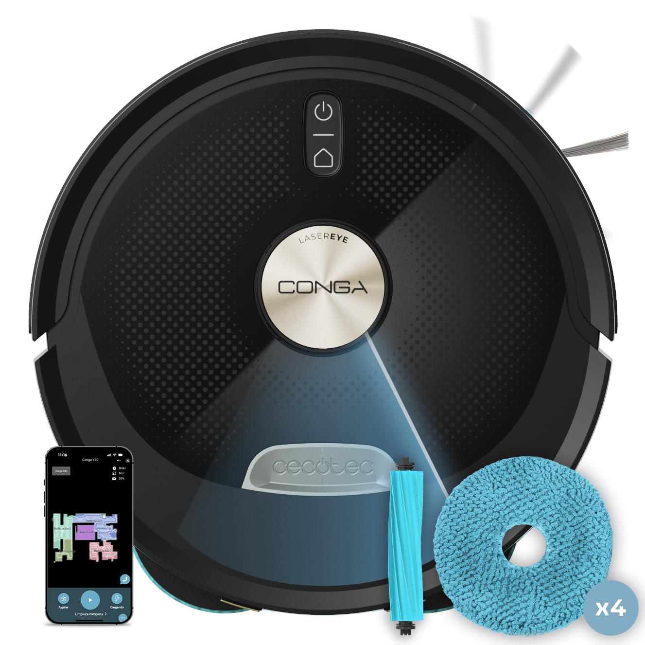 Cecotec Robot Vacuum Cleaner and Floor Cleaner with AI and App Conga M100 X-Treme. 20000Pa, Artificial Intelligence, Anti-tangle Silicone Brush, Rotating Mops, Autonomy up to 220 m²