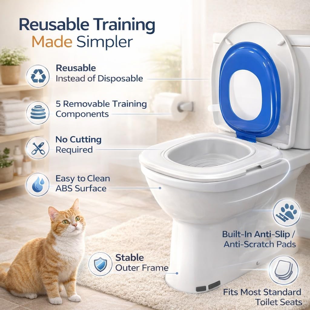 Reusable Cat Toilet Training System,Cat Toilet Trainer with 5 Removable Training Components,Easy Clean ABS Cat Training Seat with Stable Outer Frame,Fits Most Standard Toilet Seats,Green