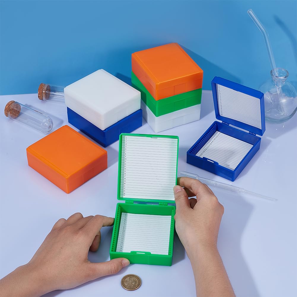 OLYCRAFT 8 unidades de 4 colores de plástico para microscopios, 25 compartimentos, para microscopio de 25 mm x 75 mm, caja de almacenamiento para microscopio de cristal
