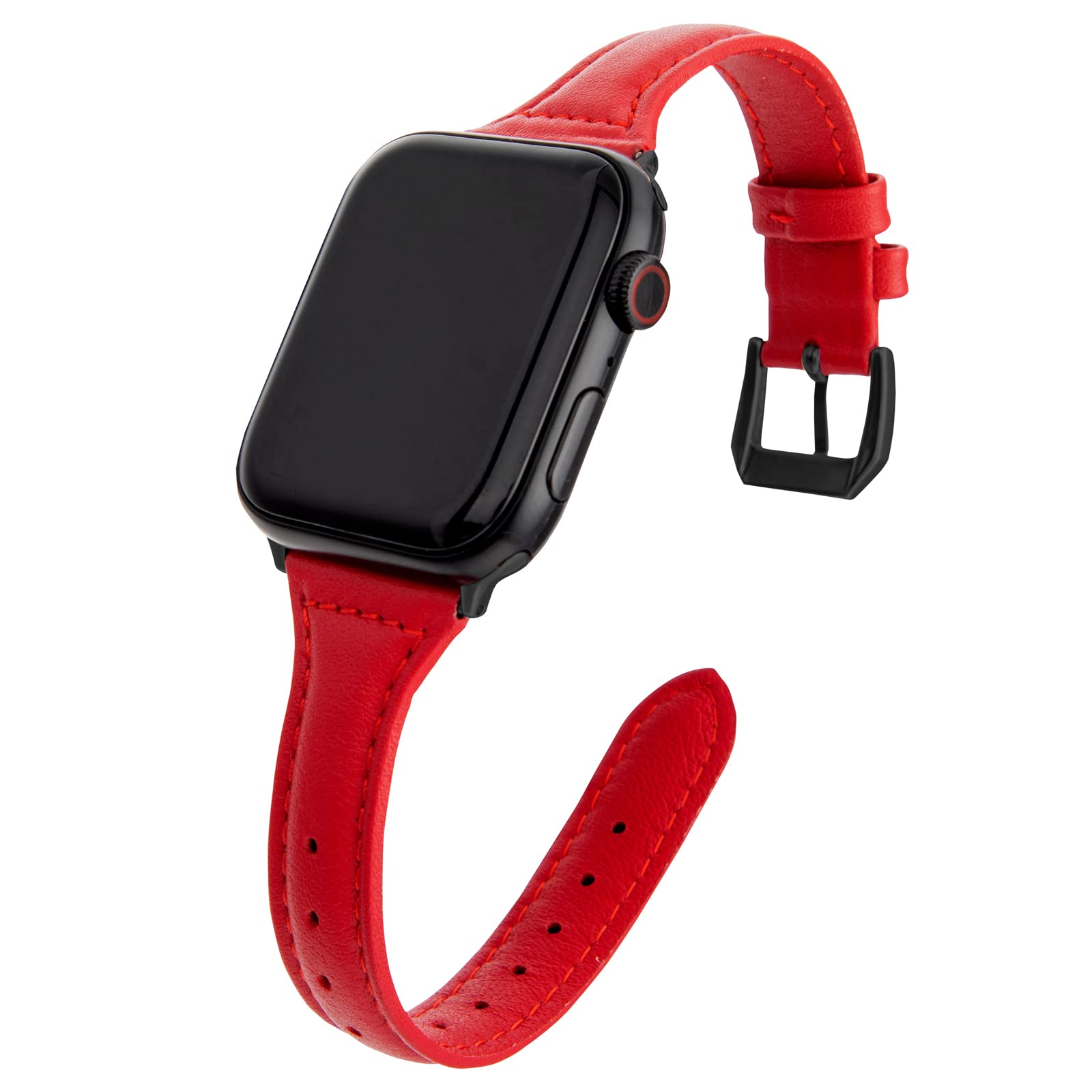 SEURE Kompatibel mit Apple Watch Armband 49mm 46mm 45mm 44mm 42mm,Damen Herren Soft Uhrarmband Slim Ersatzarmband Lederarmband mit Edelstahl-Verschluss für Serie SE/8/7/6/5/4/3/2/1 Rot/Schwarz