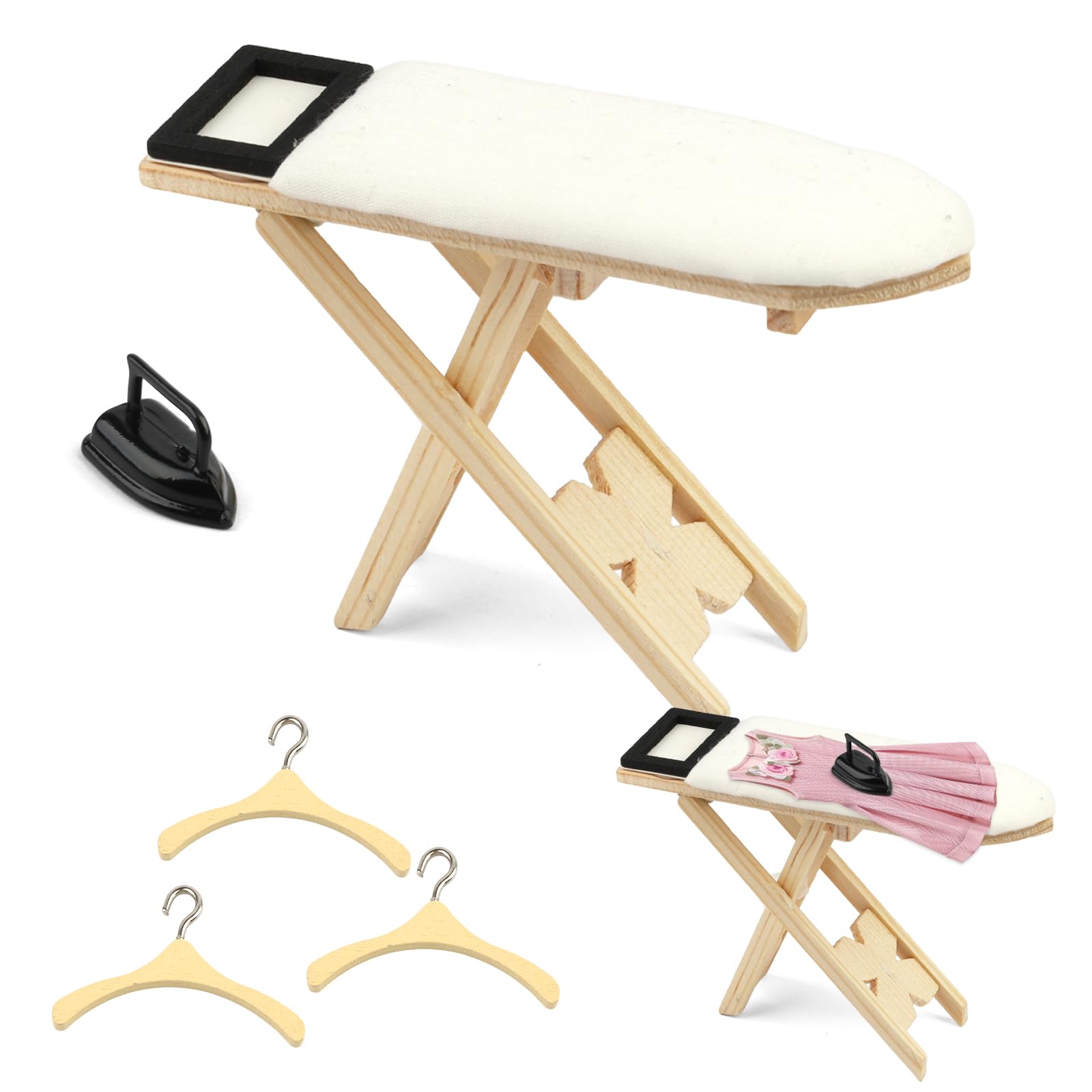 Wichtel Zubehör aus Holz, Miniatur Bügeleisen Set mit Mini Bügeleisen, Bügelbrett und 3 Holzaufhängern, 1:12 Puppenhaus Zubehör für Deko Rollenspiel Bastelprojekte