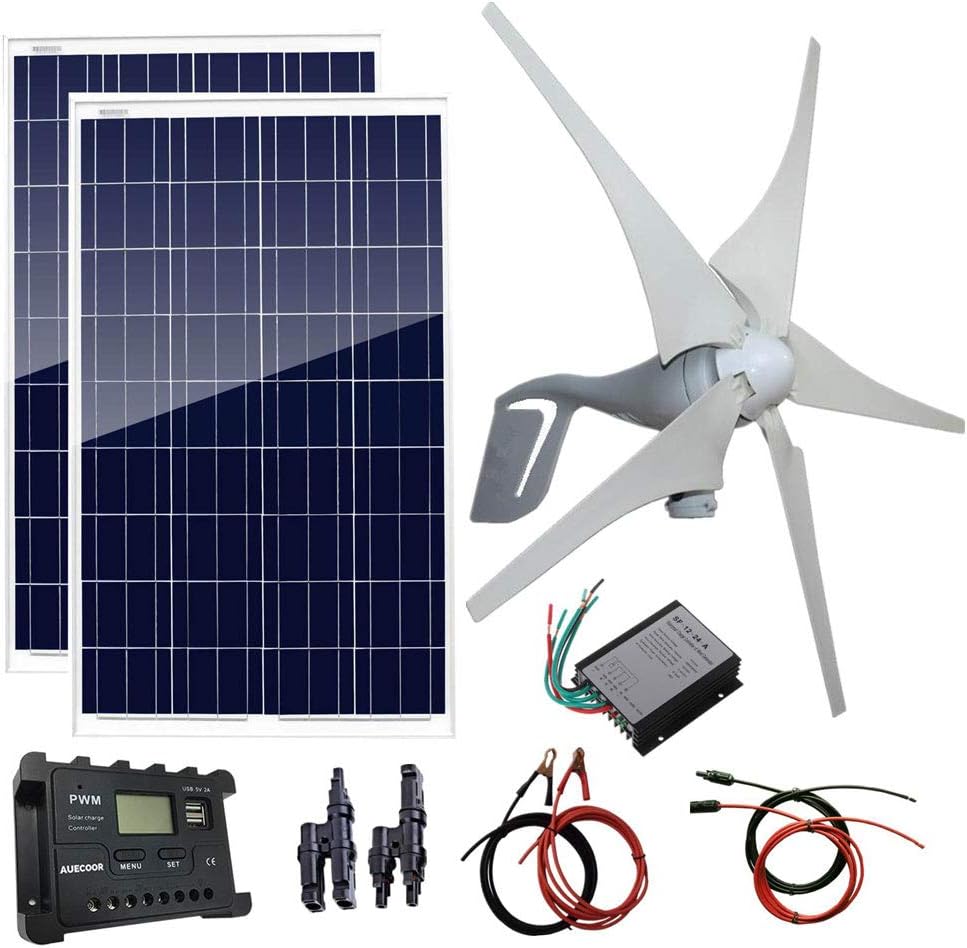 600 Watts Wind Solar Powered System(Hybrid System Kit): 1pc 12V/24V 400W Wind Generator + 2pcs 100W Polycrystalline Solar Panel + solar controller+wind controller+Accessories