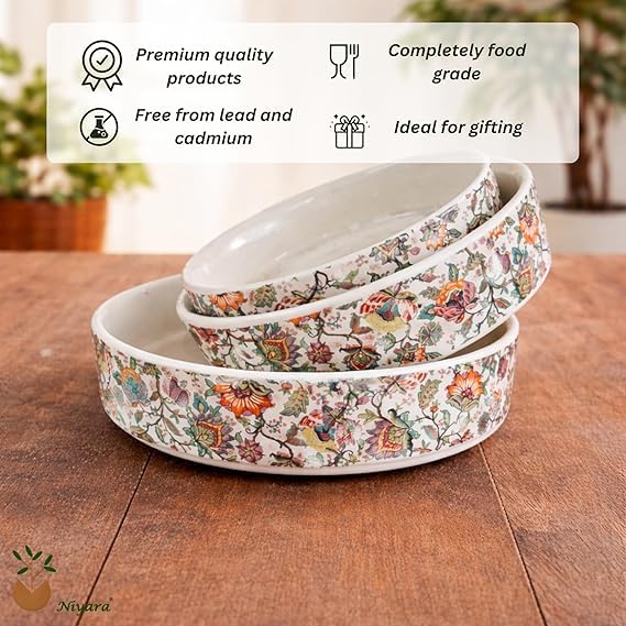 Image of Niyara Stoneware Handmade Ceramic Stylish Premium Serving Bowls /Salad Tray Microwave Dishwasher Safe (White with Multicolor Design Set of 3)