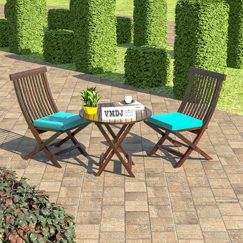 Image of Sheesham Wooden Portable Foldable 2 Seater Chair with Table Set Outdoor Balcony Garden Coffee Table Set Furniture with 1 Table and 2 Chairs Set (Coffee with Blue Cushion)