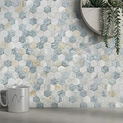 MOFIT Hexagon Peel and Stick Backsplash Tiles Kitchen,Self-Adhesive Metal and Marble Honeycomb Peel and Stick Wall Tiles Sticker Mosaic Heat Resistant(Blue Green Gray,10sheets)