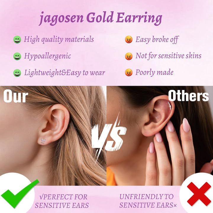 20G Gold Studs Earrings for Women,14K Gold Plated Hypoallergenic Butterfly Earrings for Girls,4 Pairs Flower/Butterfly/Cubic Zirconia Cute Earring and Trendy Huggie Hoop Dainty Multipack Earring Sets4